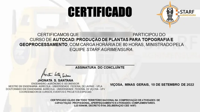 Exemplo de certificado de conclusão de 80 horas do curso de AutoCAD para topografia, com o nome do aluno ocultado