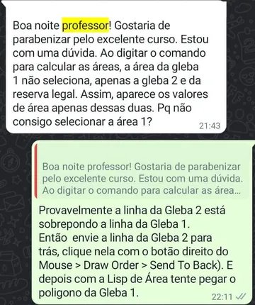 Aluno pergunta por que não consegue selecionar a gleba 1 ao calcular áreas e o professor explica a solução com Draw Order e a LISP de área