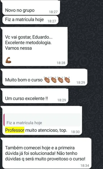 Sequência de mensagens no grupo de alunos elogiando a metodologia e o atendimento do professor